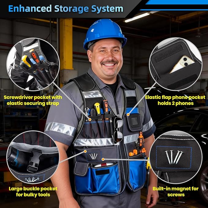 Electrician Tool Vest, Tool Vest for Men, Tool Vest Electrician with Drill Holster, 17 Storage Spaces, 1680D Heavy Duty Adjustable Work Vest with Reflective Strips, Blue