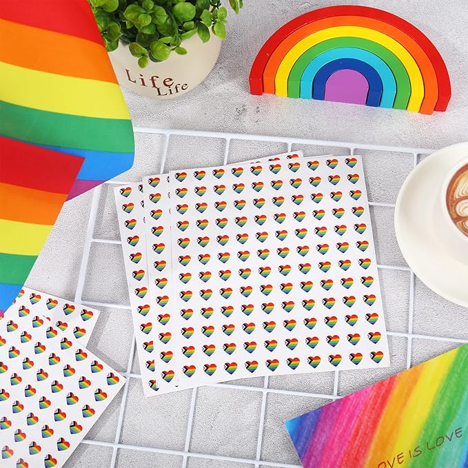 JarThenaAMCS 2400Pcs Mini Pride Progress Sticker Rainbow Heart Flag Paper Decal LGBT Gay Self-Adhesive Sticker for Planner Reward Envelope Scrapbook DIY Supplies, 0.5 in