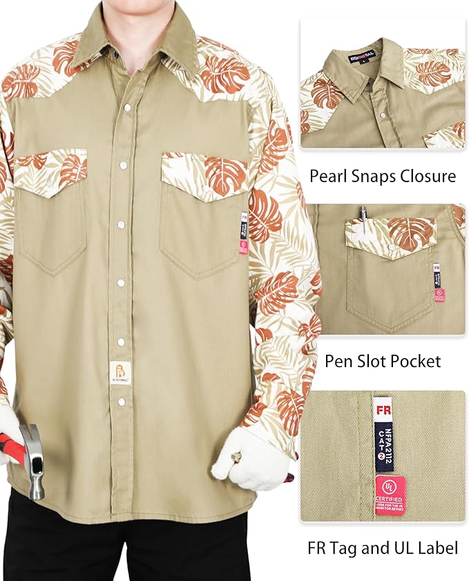 BOCOMAL FR Shirts Pearl Snaps Two Tone Plaid/Solid Flame Resistant Cotton Welding Shirt NFPA 2112 CAT 2