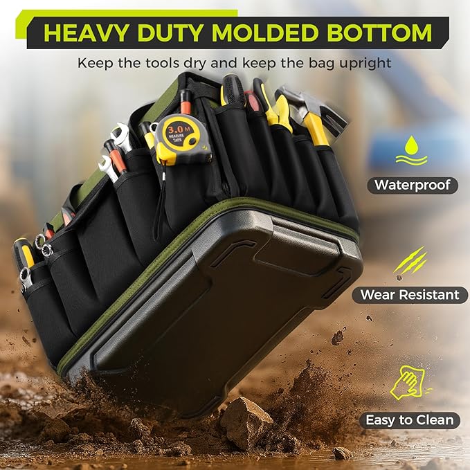 Heavy Duty Tool Bag 18-Inch, Extra Large 46 Pockets Electrician Tool Bag for men with Hard Bottom & Waterproof Pocket, 1680D Tear-Proof Toolbox Organizer for HVAC Mechanic, Father Dad Birthday Gift