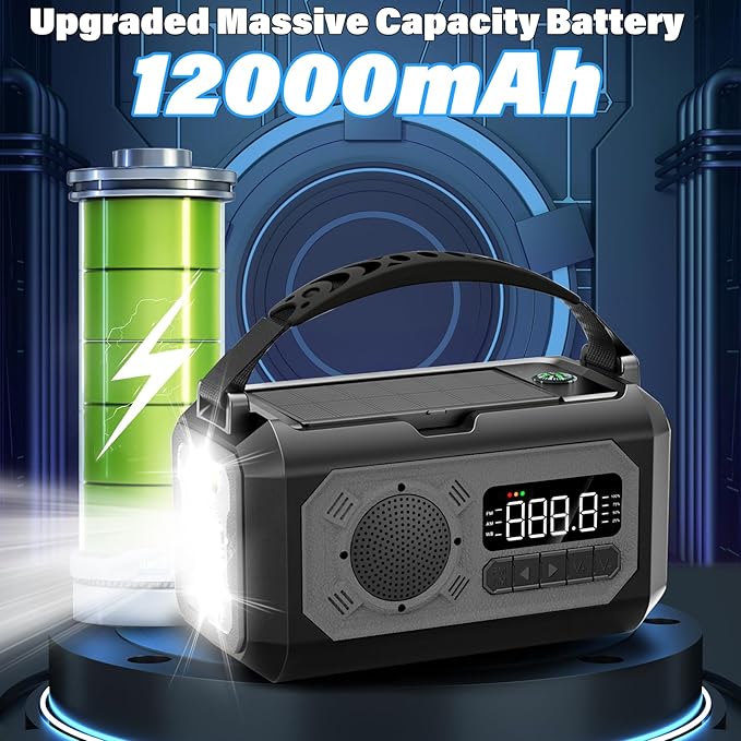 12000mAh Emergency Weather Radio, Hand Crank Solar Radio Portable AM/FM/NOAA Radio with 2 Solar Panels 3 Charging Methods SOS Alarm 3 Mode Flashlight Phone Charger Compass Reading Lamp