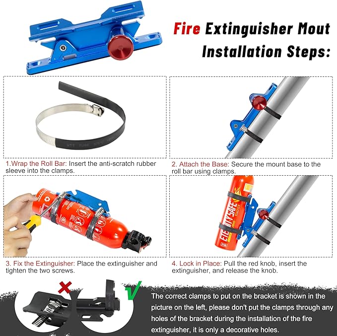 Quick Release Car Fire Extinguisher Mount – Blue Adjustable Aluminum Roll Bar Bracket Compatible with Jeep Wrangler (TJ/JK/JL/JKU), UTVs (Polaris RZR, Ranger, Can-Am X3), Trucks & Off-Road Vehicles