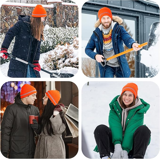 2Pcs Reflective Orange Beanie Unisex, Reflective Winter Hat for Work Running, Safety Beanies Hats Men, Warm and Cozy Knit Cap Headwear