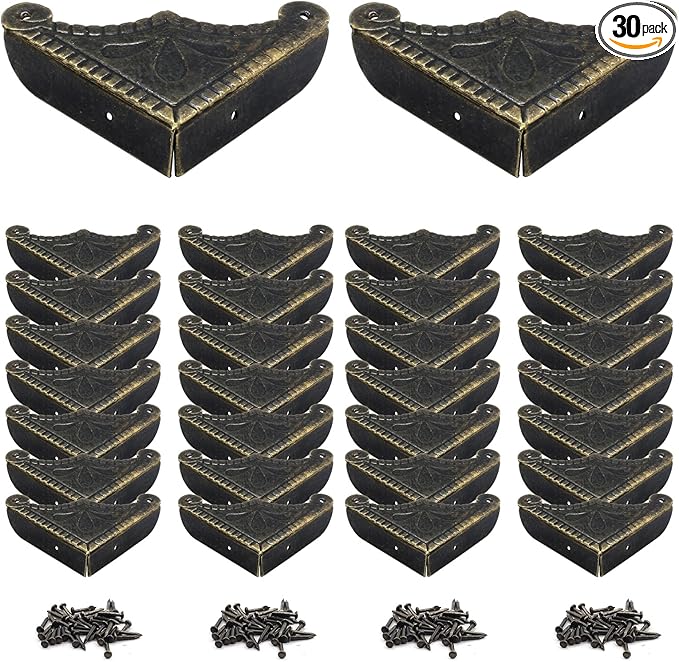 30Pcs Antique Box Corner Protectors, Decorative Edge Safety Guard Cabinet Furniture Corner Protectors for Jewelry Box and Wooden Case(1.5"x1.5"x0.3")