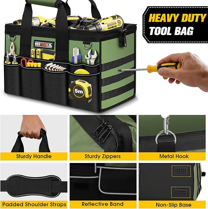 16-Inch Heavy Duty Tool Bag, 19-Pockets Tool Box Organizer, Portable Toolbag W/Soft Handle for Organized Storage, Mechanic Gifts for Men Dad Husband Fathers Day, Wide Mouth Electrician Toolbox, Green