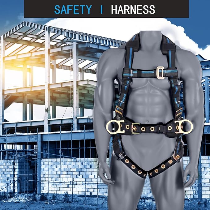 Fall Protection 5pt Full-Body Safety Harness, Vented & Padded Shoulder, Back & Legs, 8” Thick Back Support, Tongue Buckle, D-Rings, Grommet Leg Straps & Waist Belt (OSHA/ANSI Rated PPE)