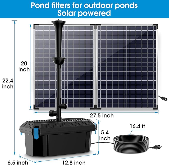 Biling Solar Pond Pump with Pond Filter, 70W Solar Panel, 660 GPH Solar Fountain Pump with Pond Filter Box Outdoor for Garden Ponds Water Feature Waterfall Pool