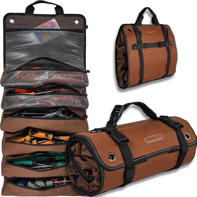 WELKINLAND Heavy-Duty Waxed Canvas Tool Roll, 7-Pockets Tool Wrap Roll, 15L Tool Roll Bag, Large Roll Up Tool Bag For Mechanics.