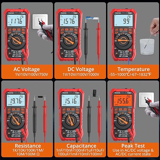 Proster Digital Multimeter Tester True RMS 9999 Counts - Auto Ranging Multimeter, AC DC Voltage Current Meter with NCV Inductance Backlight Temperature Capacitance Test Meter Electrical