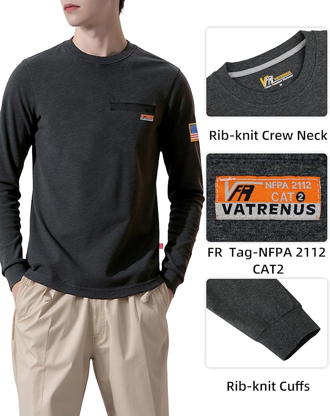 VATRENUS FR Shirt for Men Crewneck Midweight Utility Pocket Fire Resistant Long Sleeve Work Shirts NFPA2112 CAT2