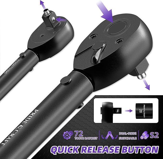 PRIDE&CRAFT 3/8 Inch Drive Click Torque Wrench, 3% High Precision Adjustable Dual Direction, 72-Tooth, 5-50 lbf.ft/6.8-68 Nm Torque Wrench for Bike, Motorcycle and Car Repair, Purple Black