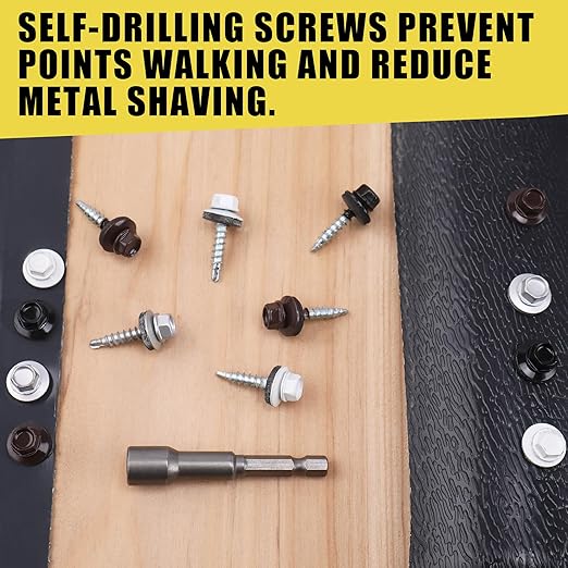 300pcs #10 x 1 White Hex Head Self-Drilling Metal Roofing Screws, EPDM Washer, Colored Head, Wood Screws, Sheet Metal Roof Screw with Hex Driver Bit