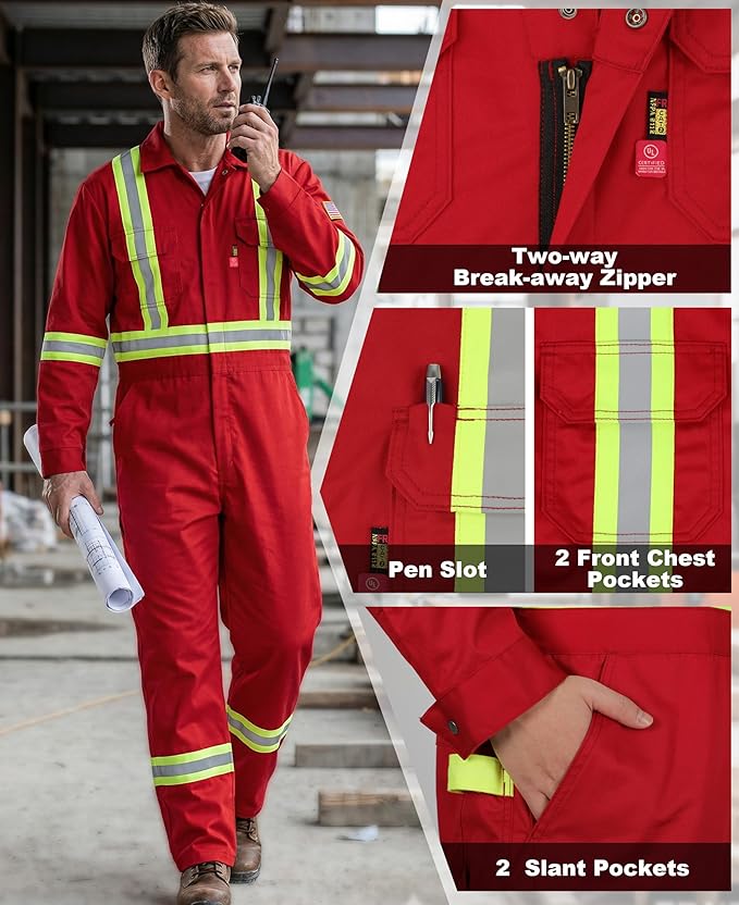BOCOMAL FR Coveralls Men High Visibility 7.5oz Cotton Twill Flame Resistant Fire Retardant Work Coverall NFPA2112 HRC2