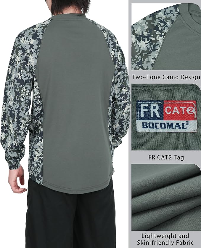 BOCOMAL FR Shirts Crewneck 5.5oz Lightweight Cotton Paisley Camo Two-Tone Flame Resistant Long Sleeve CAT2 Work Shirt