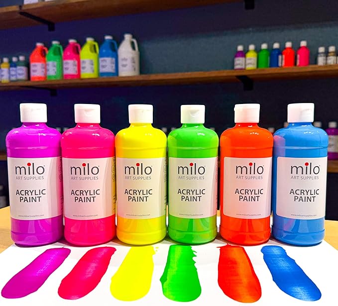 milo Fluorescent Acrylic Paint Set of 6 Colors | 16 oz Bottles | Student Neon Colors Acrylics Painting Pack | Glows UV in Black Light | Non-Toxic Art & Craft Paints for Artists & Hobby Painters | Made in USA