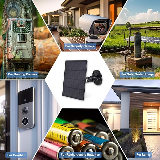 KBT 6V3W Waterproof Solar Panel with Type-C Port & DC3.5mm Port & Adjustable Bracket, Portable Solar Charger for Ring Security Camera Outdoor, Rechargeable Battery Powered Cam, Hunting Cam