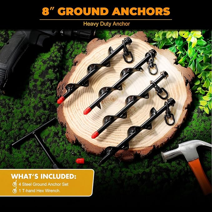Hiboom 4 Pcs Ground Anchors with T Handle Hex Wrench Trampoline Hook, Ground Anchor Screw in Kit, Inflatable Outdoor Decorations Accessories for Camping Tents Car Ports Canopies (Black,8 Inch)
