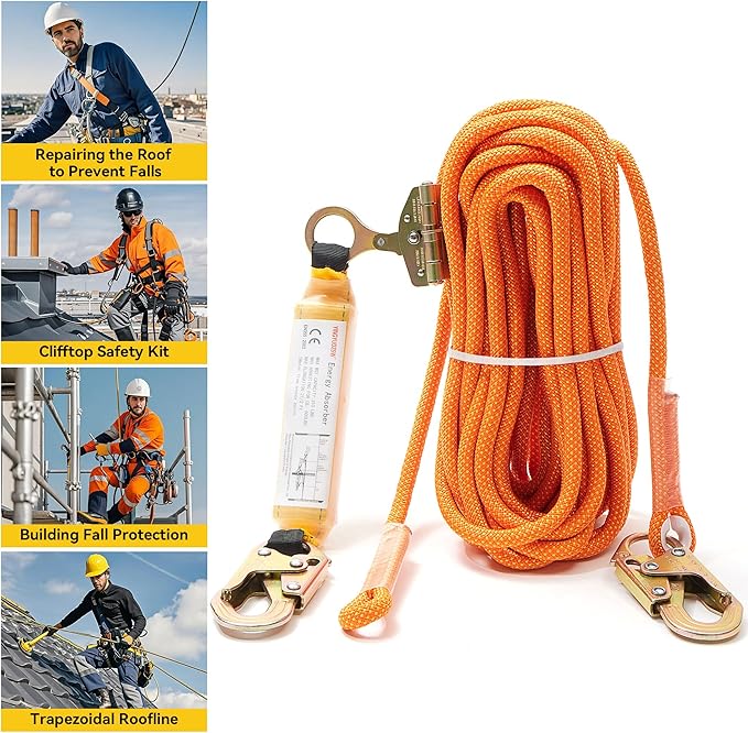 Fall Protection Safety Rope 25FT Roofing Harness Safety Lanyard Tree Climbing Line Kit with Alloy Steel Grab Snap Hooks Shock Absorber Heavy Duty Roof Safety Equipment ANSI CE