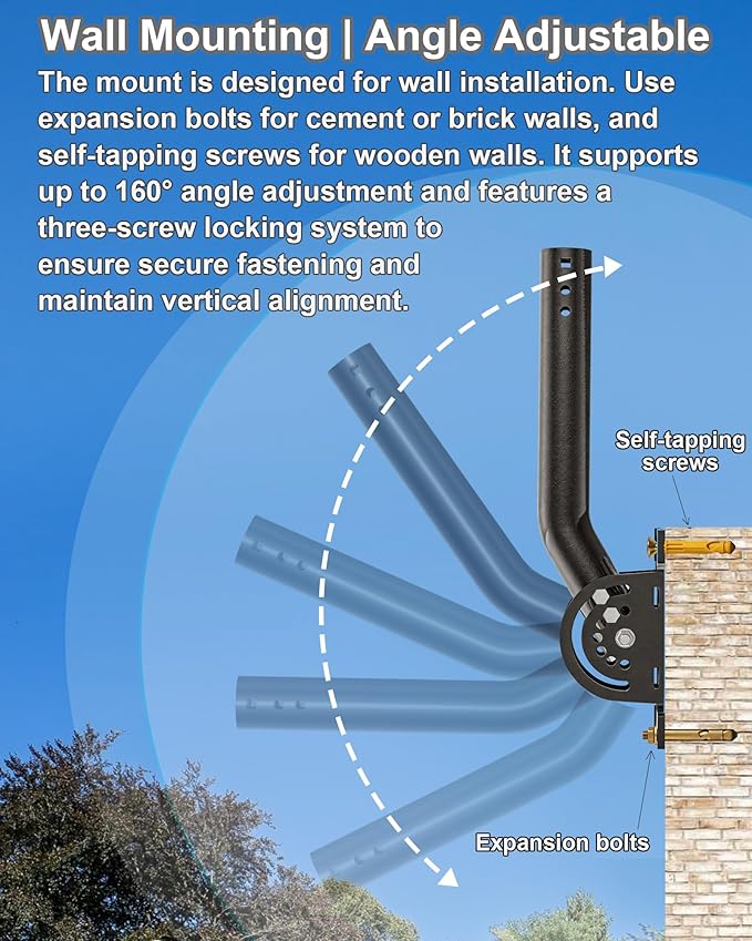 Heavy Duty Antenna Mount, 1-Pack 13 in Three-Screw Locking Pivot J-Pole for Wall, Eave or Roof, 1.38 in OD, Expandable Mast for TV Antenna, Access Point, Bridge, Weather Station or Starlink Setups