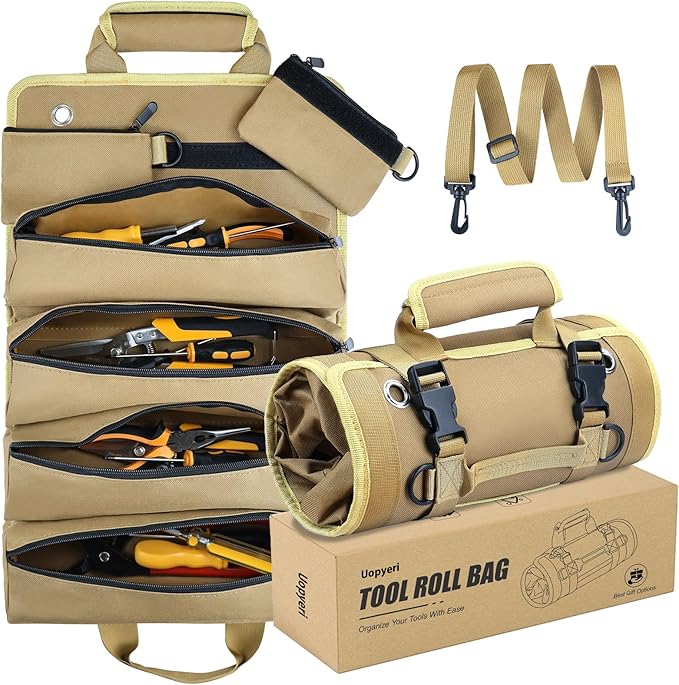 Roll Up Tool Bag, Heavy Duty Tool Organizer with 2 Detachable Pouches, Father's Day Gifts for Dad, Durable Tool Storage for Men Women, Perfect for Husband, Handyman, RV Owners, Dad Birthday, Khaki