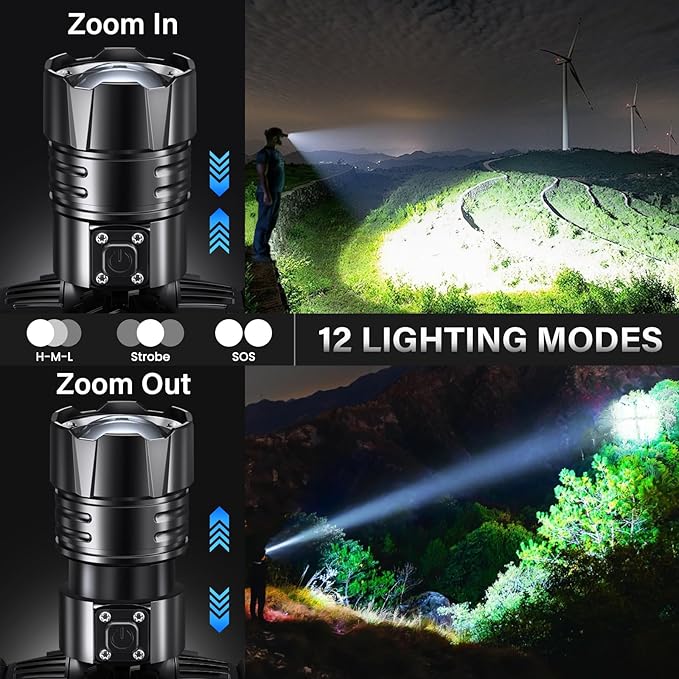 FINICO Rechargeable LED Headlamp 99000 High Lumens, 95 Hours Long Lasting Head Light with Zoomable & IPX7 Waterproof & 12 Modes & 125° Adjustable, Powerful Head Lamp for Outdoor, Camping, Hardhat