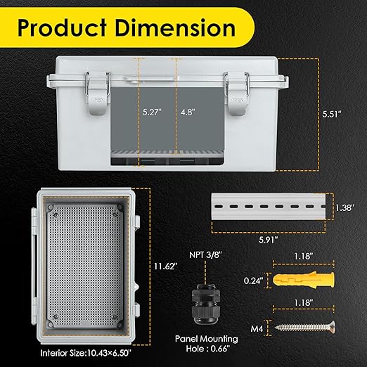 Waterproof Electrical Junction Box, IP67 Plastic Weatherproof Electrical Junction Box Enclosure with Aluminum DIN Rail, Mounting Plate, Wall Brackets for DIY Projects (11.4"×7.5"×5.5")