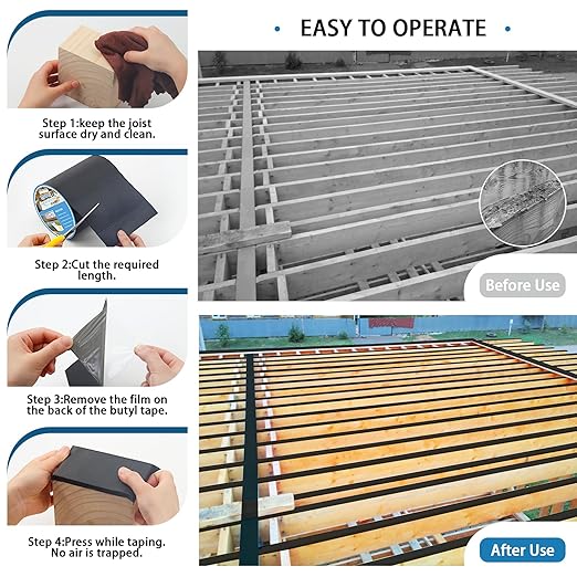 Deck Joist Tape 6''×50', 4 Pack Weather-Resistant Joist Tape for Decking, Waterproof Seal Antiseptic Butyl Decking Tape,Self-Adhesive Flashing Joists Tape for Wood Decks Beams Roof