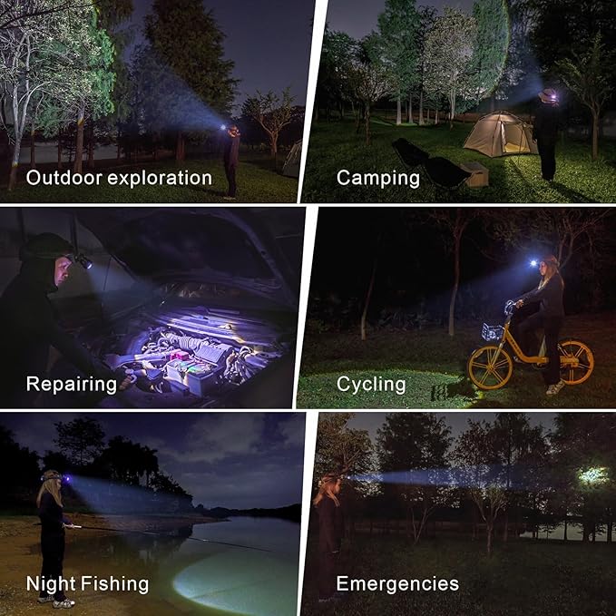 Rechargeable LED Headlamp, 2000LM Super Bright Head Lamp with Zoomable Lens, Tactical Hard Hat Light with Rear Safety Light, Waterproof for Camping, Running