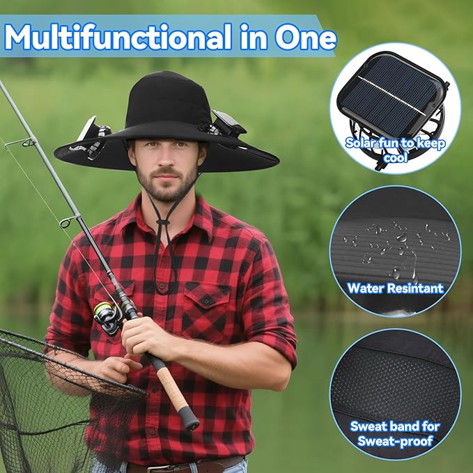 Hat with Fans Solar Power Wide Brim Solar Fan Hat, Sun Hat with 2 Fans Two Power Supply Modes, Outdoor Solar Powered & USB Charging Fishing Hat for Men Women Solar Fan Hats for Men