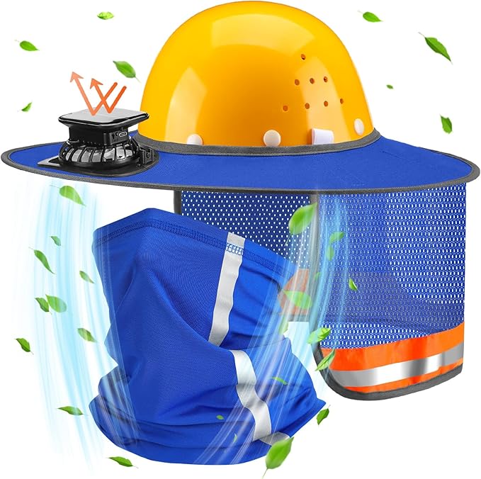 1 Set Sun Hard Hat with Solar Fan Shade Full Brim Hard Hat and Neck Sunshade Cover High Visibility Full Brim Mesh with Reflective Strip for Outdoor Summer Protection