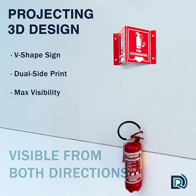 4 PC Fire Extinguisher Signs, 6 Inch Fire Extinguisher Two-Sided Acrylic Projecting V-Sign with Down Arrow, Including Screws