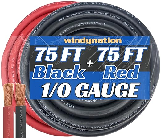 WNI 1/0 Gauge 75 Feet Black 75 Feet Red 1/0 AWG Ultra Flexible Welding Battery Copper Cable Wire - Made in The USA - Car, Inverter, RV, Solar