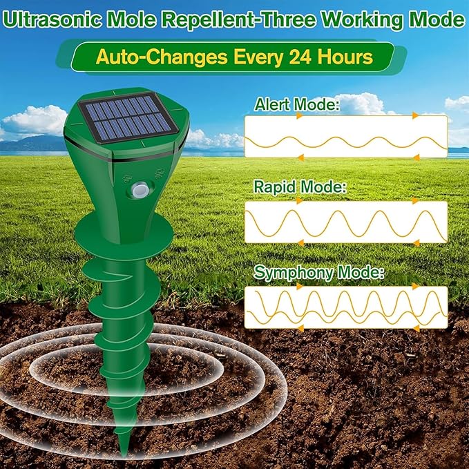 Mole Repellent Solar Powered, 4 Pack Ultrasonic Gopher Repeller IP65 Waterproof for Lawn Garden Yard, Sonic Vole Repellent Mole Killer Outdoor Get Rid of Snake Groundhog Chipmunk Squirrels, Green