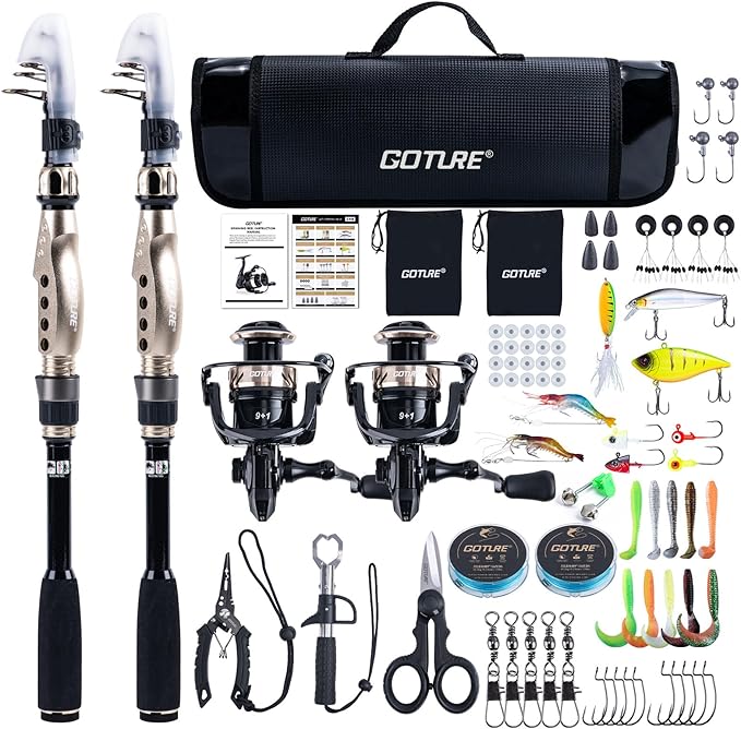 GOTURE Telescopic Fishing Rod and Reel Combos, Carbon Fiber Travel Fishing Pole, 9+1 BB Spinning Reel, Saltwater Freshwater Fishing Gear Kit with Braided Line, Lures, Carrier Bag for Bass Trout