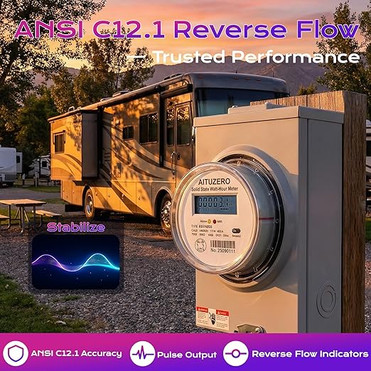 Digital RV Electric Usage Meter, 120/240V Single Phase, Electricity Usage Meter, Power Energy Meter, KWh Sub Meter, ANSI Form 2S Plug-in Electric Submeters for RV Power, Rental Units