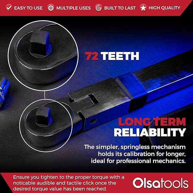 Olsa Tools Split Beam Torque Wrench (1/2-Inch Drive) - ±4% Accuracy, 72 Teeth - 50-250 ft-lb Range - 15° Flex Head - Professionally Certified - Professional-Grade Torque Wrench