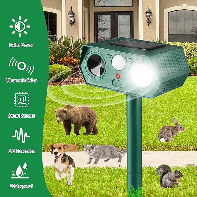 2025 Solar Animal Repellent,Upgraded Ultrasonic Cat Repellent Outdoor,Waterproof Deer Deterrent for Bird Dog Skunk,Squirrels Deterrent with Motion Detection Flash Lights for Farm Patio (2 Pack)