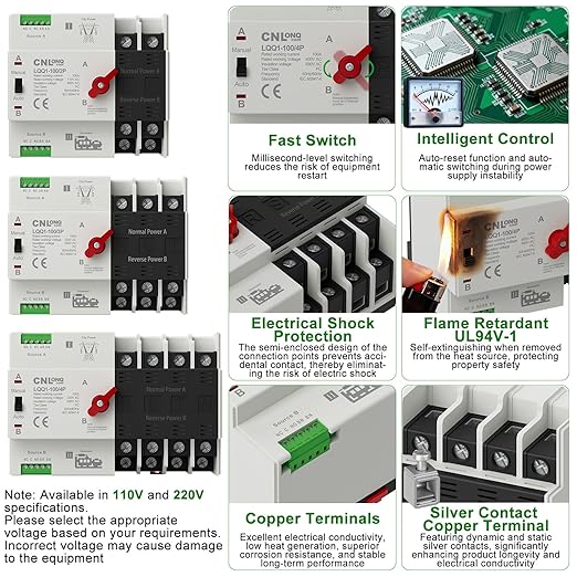 AC220V 100Amp Automatic/Manual Transfer Switch 4P 50/60Hz, 4Poles Mini ATS Auto Dual Power Switch Automatic Changeover Fast Transfer for Home Generator, Soalr, Rv and Lv Power