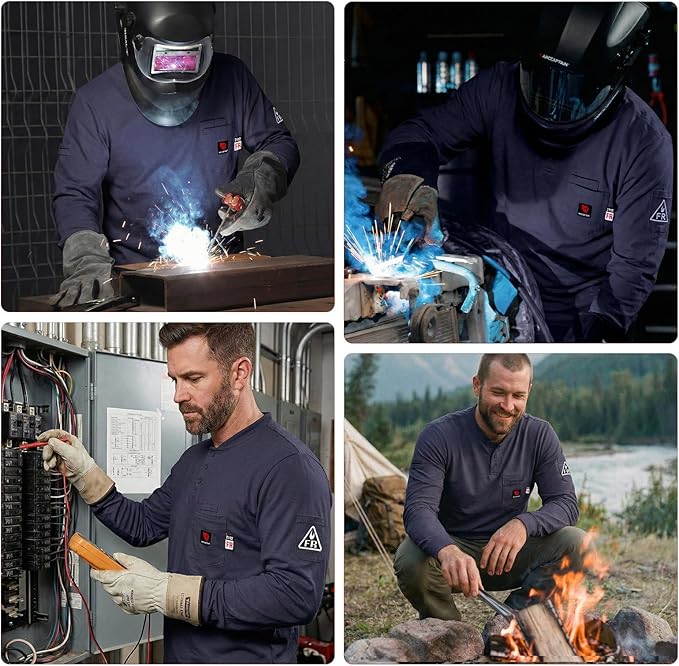 ARCCAPTAIN FR Shirts for Men 8oz 100% Cotton Fire Resistant Henley Shirt CAT2 NFPA2112 Welding Work Long Sleeve Clothing