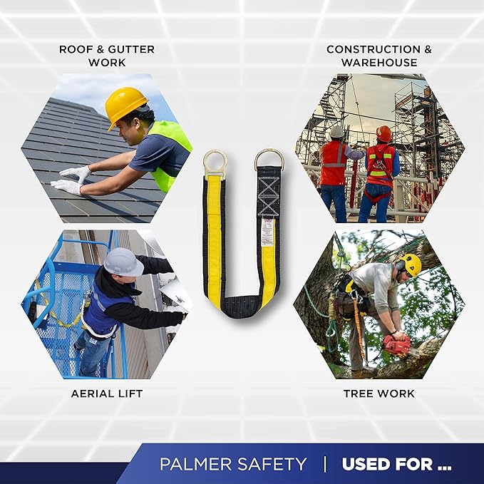Palmer Safety Fall Protection Safety 4' Cross Arm Strap I 3” Wide Pass-through with Large D-Ring and Small D-Ring I ANSI OSHA Anchorage Sling Compliant Fall Arrest System
