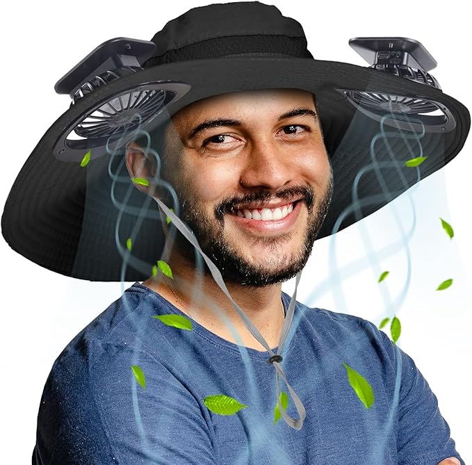 Wide Brim Outdoor Solar Fan Hat, UPF 50+ Fishing Hat for Man with 2 Solar Fan, 3 Modes 180°Rotating Fan Hats