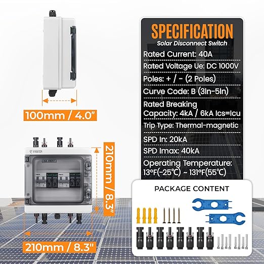 Solar Combiner Box (1 in 1 Out/2 in 2 Out/3 in 3 Out/4 in 4 Out) PV Combiner Box with 1000V DC 40A MCB & 20-40KA SPD Power Distribution Box (2String 2in2out)