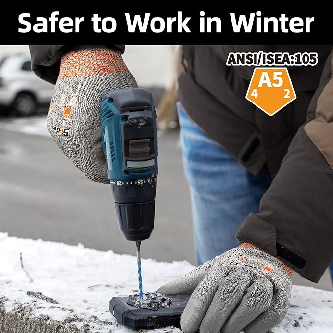 Schwer 12 Pairs Winter Work Gloves, ANSI A5 Cut Resistant Gloves with PU Coating, Freezer Glove for Outdoor Cold Weather, Thermal Insulated, Non Slip, Durable, XXL, CR3088-W