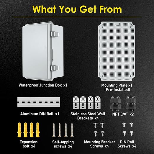 Waterproof Electrical Junction Box, IP67 Plastic Weatherproof Electrical Junction Box Enclosure with Aluminum DIN Rail, Mounting Plate, Wall Brackets for DIY Projects (11.4"×7.5"×5.5")