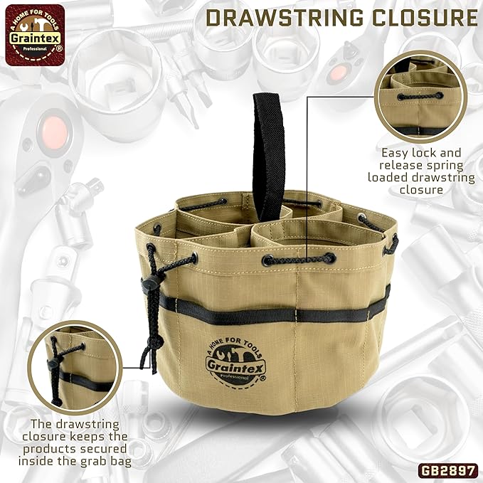 Graintex 18 Pockets Grab Bag Rip-stop Canvas Drawstring Closure, Small Part Organizer Pouch, Small Tools, Screws, Parts, Parachute Tool Bag for Efficient Storage - Khaki