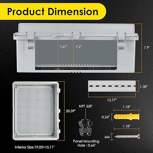 Waterproof Electrical Junction Box Outdoor, IP67 Plastic Weatherproof Electrical Enclosure for WiFi Electronics, with Aluminum DIN Rail, Mounting Plate, Wall Brackets (20.1''×16.1''×7.9'')