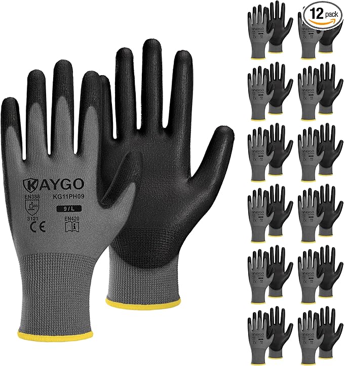 KAYGO Work Gloves for Men and Women,12 Pairs Seamless Knit PU Coated Safety Gloves, with Smooth Grip on Palm and Fingers, Ideal for Light Warehouse, Manufacturing, Gardening, KG11P (L,Gray)