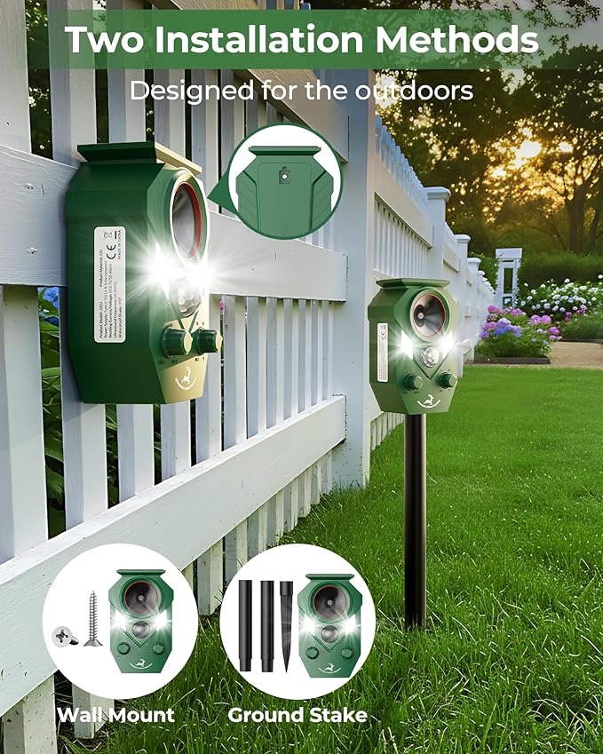 Solar Deer Repellent Devices Outdoor - Ultrasonic Animal Repellent with Motion Sensor & Strobe Light, Waterproof Animals Deterrent for Yard Garden Farm to Repel Cats, Coyote, Squirrels