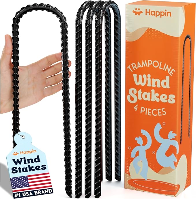 Happin® Trampoline Stakes, Trampoline Accessories, Ground Stakes Heavy Duty, Ground Anchors Screw in, Rebar Stakes, Tent Anchors, Yard Spikes, Galvanized Steel (4 Pack, Black)