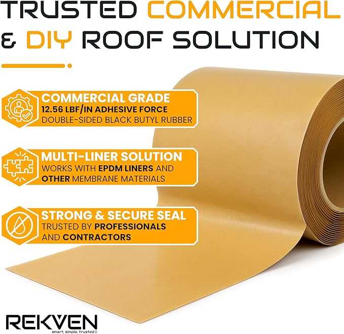 EPDM Rubber Roofing Seam Tape Kit - 30 Feet x 6 Inch - Double Sided Butyl Tape – Black Self Adhesive for Liner Bonding Sealing Repairs – Works with EPDM TPO Hypalon and Other Membranes